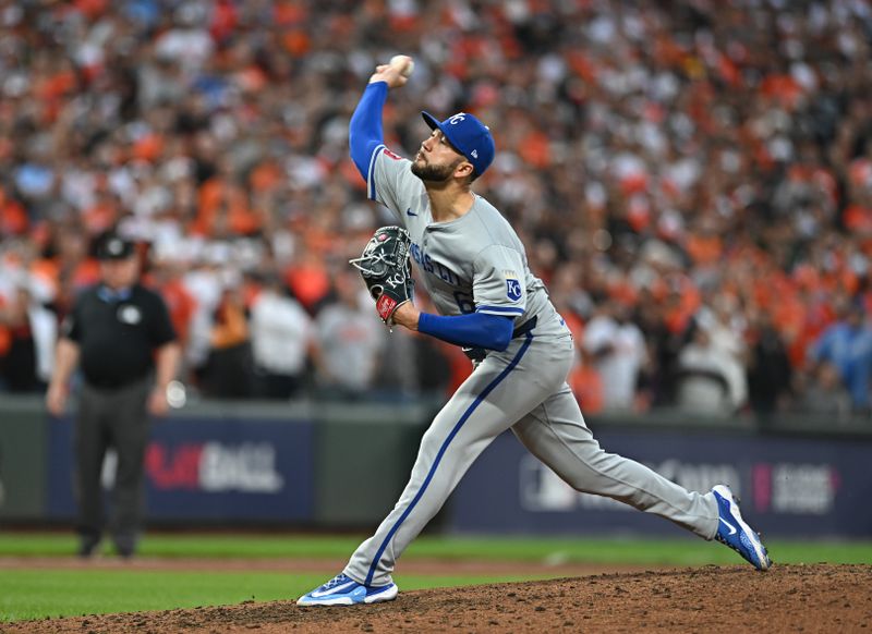 Oct 1, 2024; Baltimore, Maryland, USA; Kansas City Royals pitcher Lucas Erceg (60) throws a pitch against the Baltimore Orioles in the ninth inning in game one of the Wild Card round for the 2024 MLB Playoffs at Oriole Park at Camden Yards. Mandatory Credit: Tommy Gilligan-Imagn Images