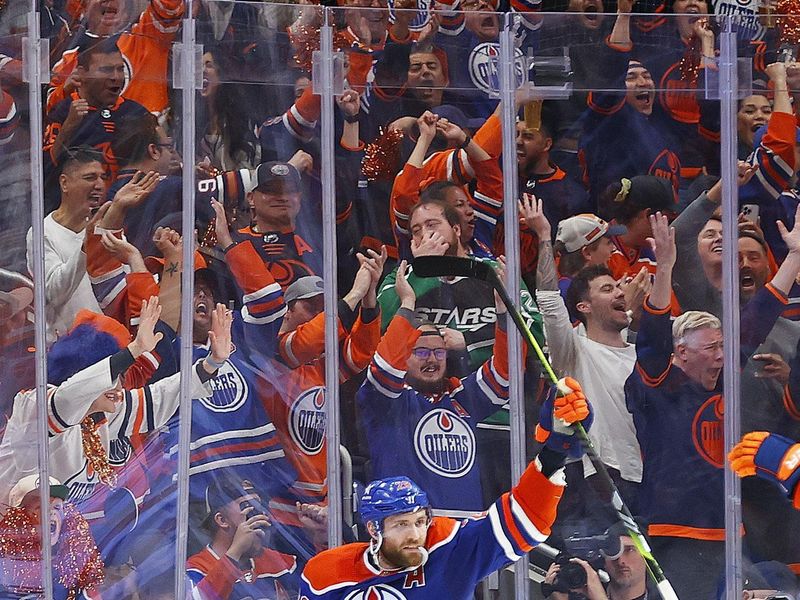 May 29, 2024; Edmonton, Alberta, CAN;   Edmonton Oilers forward Leon Draisaitl (29) celebrates after scoring a goal against the Dallas Stars during the second period in game four of the Western Conference Final of the 2024 Stanley Cup Playoffs at Rogers Place. Mandatory Credit: Perry Nelson-USA TODAY Sports