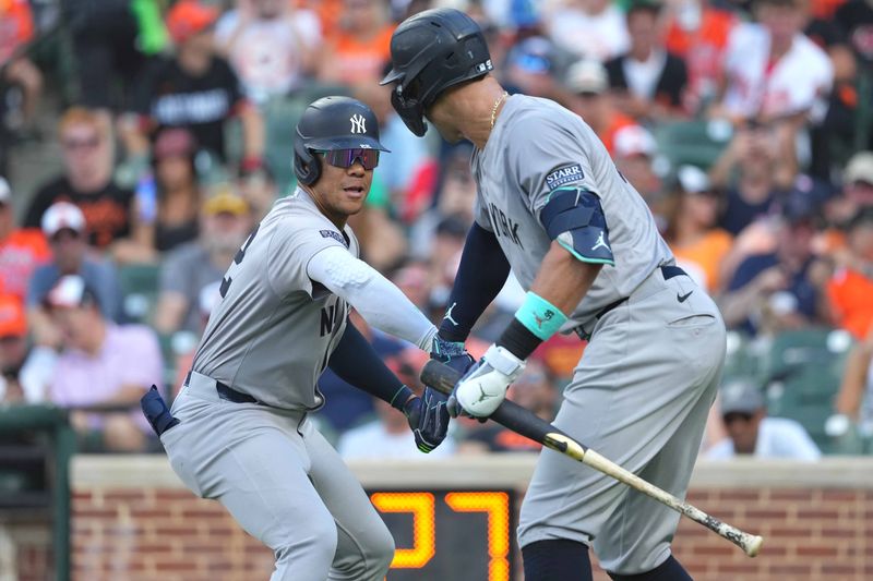 Jul 13, 2024; Baltimore, Maryland, USA; New York Yankees outfielder Juan Soto (left) greeted by outfielder Aaron Judge (right) following his solo home run in the fifth inning against the Baltimore Orioles at Oriole Park at Camden Yards. Mandatory Credit: Mitch Stringer-USA TODAY Sports