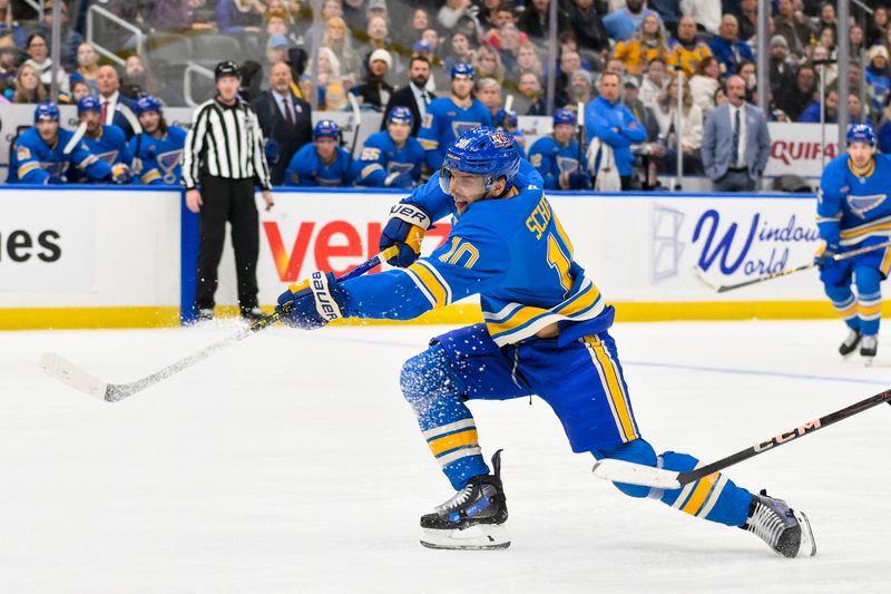 Nov 30, 2024; St. Louis, Missouri, USA;  St. Louis Blues center Brayden Schenn (10) shoots against the Philadelphia Flyers during the second period at Enterprise Center. Mandatory Credit: Jeff Curry-Imagn Images