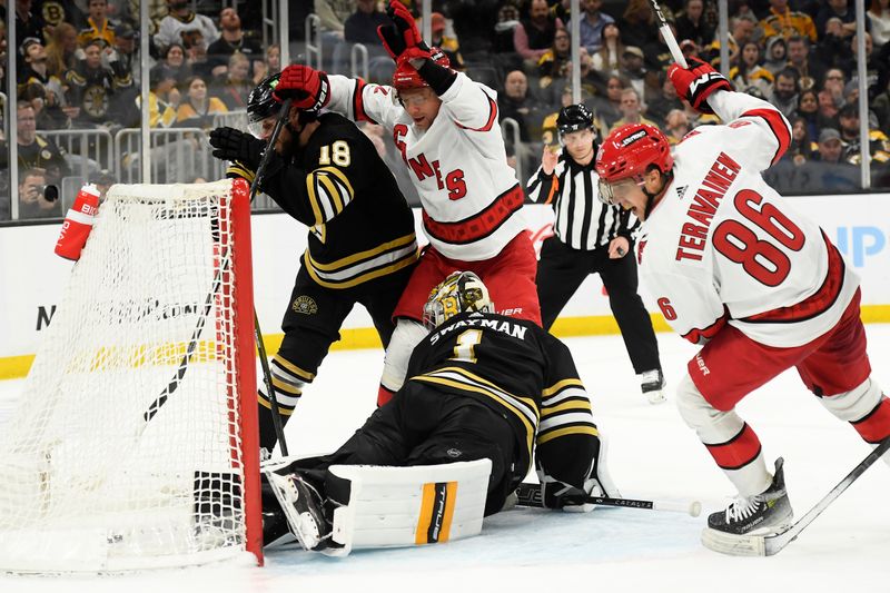 Apr 9, 2024; Boston, Massachusetts, USA; Carolina Hurricanes left wing Teuvo Teravainen (86) reacts after scoring a goal past Boston Bruins goaltender Jeremy Swayman (1) during the second period at TD Garden. Mandatory Credit: Bob DeChiara-USA TODAY Sports