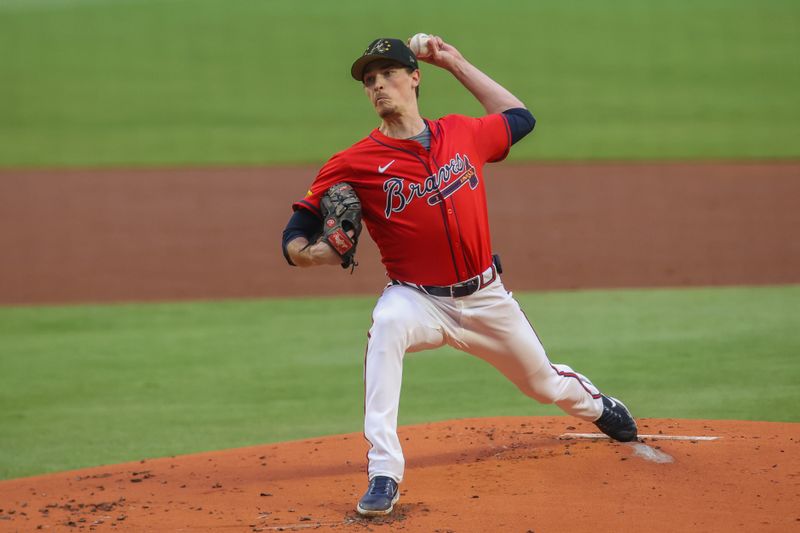 May 17, 2024; Atlanta, Georgia, USA; Atlanta Braves starting pitcher Max Fried (54) throws against the San Diego Padres in the first inning at Truist Park. Mandatory Credit: Brett Davis-USA TODAY Sports