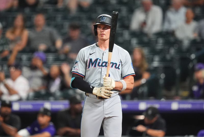 Aug 26, 2024; Denver, Colorado, USA; Miami Marlins pinch hitter Griffin Conine (56) during the ninth inning against the Colorado Rockies at Coors Field. Mandatory Credit: Ron Chenoy-USA TODAY Sports