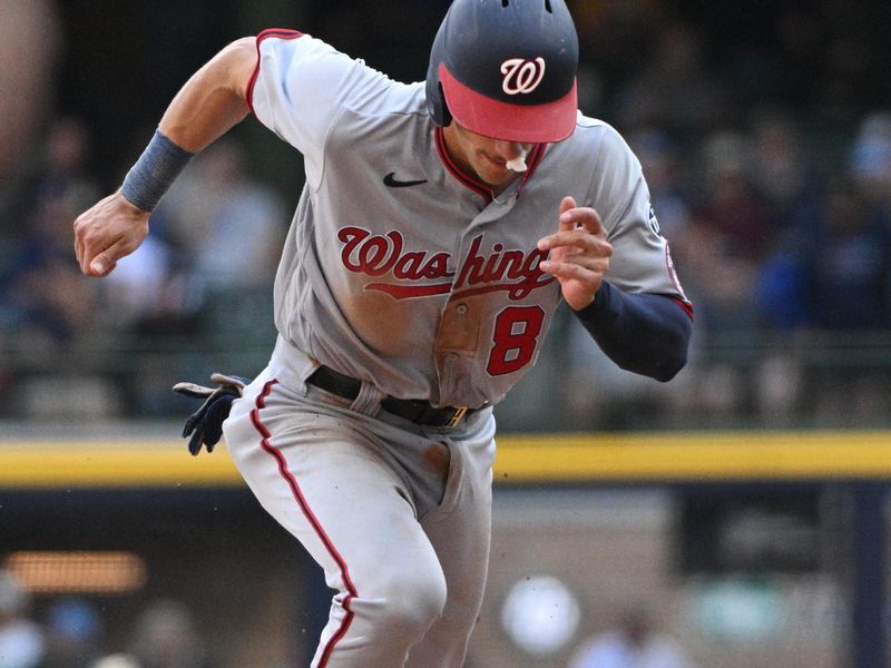 Sep 17, 2023; Milwaukee, Wisconsin, USA; Washington Nationals catcher Drew Millas (81) runs toward third base agains the Milwaukee Brewers in the eighth inning at American Family Field. Mandatory Credit: Michael McLoone-USA TODAY Sports