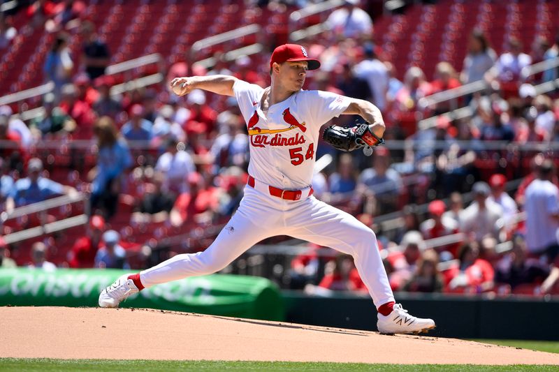 May 7, 2025; St. Louis, Missouri, USA;  St. Louis Cardinals starting pitcher Sonny Gray (54) pitches against the Pittsburgh Pirates during the first inning at Busch Stadium. Mandatory Credit: Jeff Curry-Imagn Images