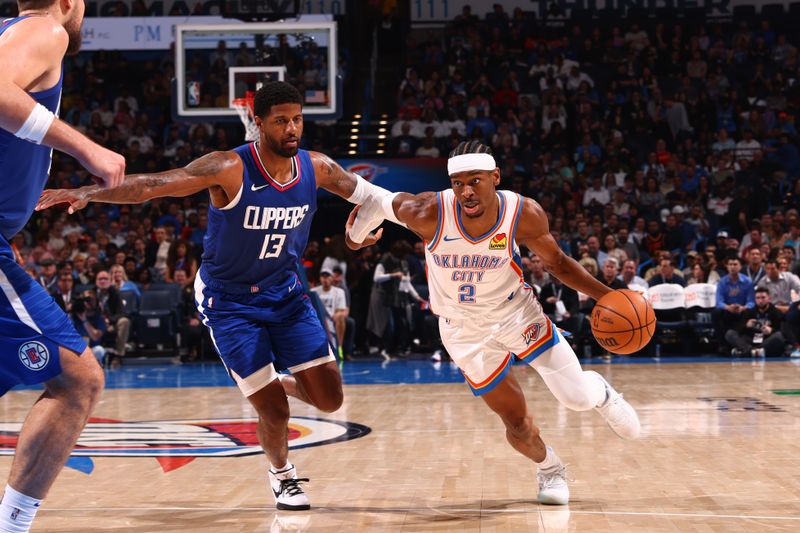 OKLAHOMA CITY, OK - FEBRUARY 22: Shai Gilgeous-Alexander #2 of the Oklahoma City Thunder handles the ball during the game against the LA Clippers on February 22, 2024 at Paycom Arena in Oklahoma City, Oklahoma. NOTE TO USER: User expressly acknowledges and agrees that, by downloading and or using this photograph, User is consenting to the terms and conditions of the Getty Images License Agreement. Mandatory Copyright Notice: Copyright 2024 NBAE (Photo by Zach Beeker/NBAE via Getty Images)