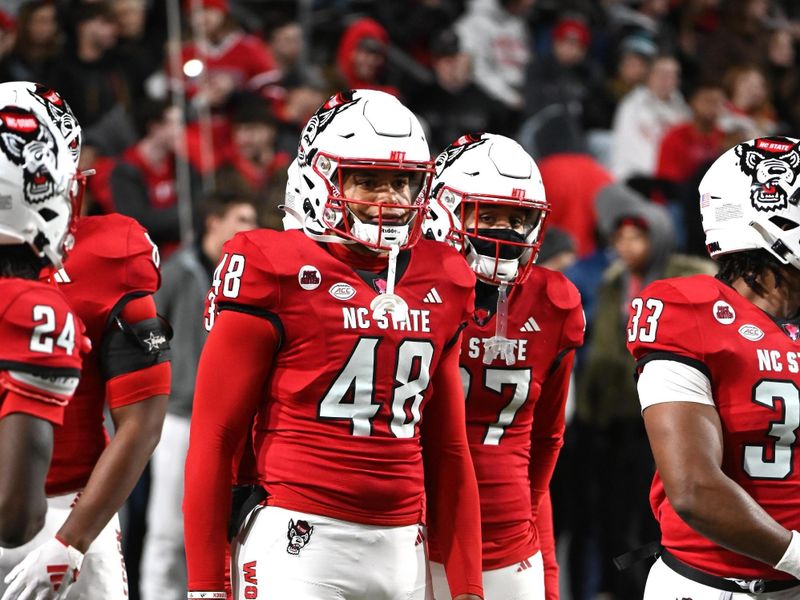 Nov 25, 2023; Raleigh, North Carolina, USA;  North Carolina State Wolfpack tight end Fred Seabrough (48) warms up prior to a game against the North Carolina Tar Heels at Carter-Finley Stadium. Mandatory Credit: Rob Kinnan-USA TODAY Sports