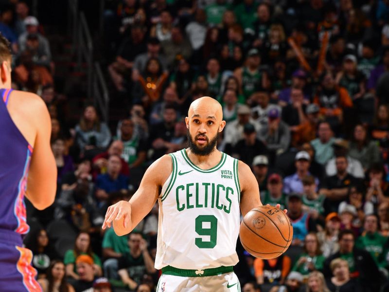 PHOENIX, AZ - MARCH 9: Derrick White #9 of the Boston Celtics brings the ball up court during the game against the Phoenix Suns on March 9, 2024 at Footprint Center in Phoenix, Arizona. NOTE TO USER: User expressly acknowledges and agrees that, by downloading and or using this photograph, user is consenting to the terms and conditions of the Getty Images License Agreement. Mandatory Copyright Notice: Copyright 2024 NBAE (Photo by Barry Gossage/NBAE via Getty Images)