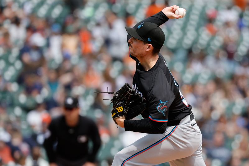 May 15, 2024; Detroit, Michigan, USA; Miami Marlins pitcher Calvin Faucher (53) pitches in the eighth inning against the Detroit Tigers at Comerica Park. Mandatory Credit: Rick Osentoski-USA TODAY Sports