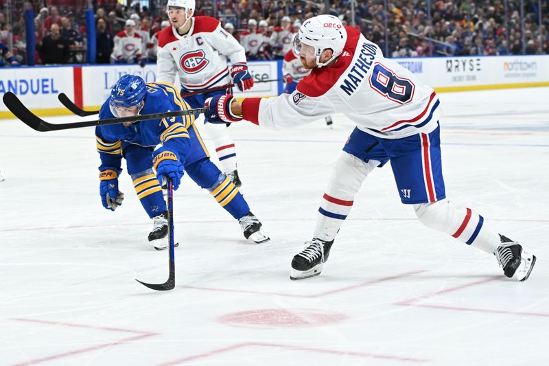 Nov 11, 2024; Buffalo, New York, USA; Montreal Canadiens defenseman Mike Matheson (8) shoots the puck past Buffalo Sabres defenseman Connor Clifton (75) in the third period at KeyBank Center. Mandatory Credit: Mark Konezny-Imagn Images