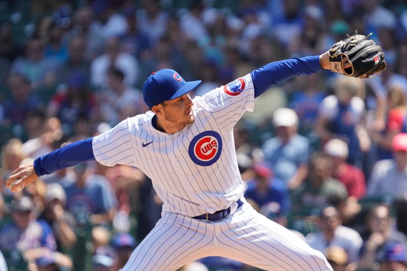 May 7, 2023; Chicago, Illinois, USA; Chicago Cubs starting pitcher Hayden Wesneski (19) throws the ball against the Miami Marlins during the first inning at Wrigley Field. Mandatory Credit: David Banks-USA TODAY Sports