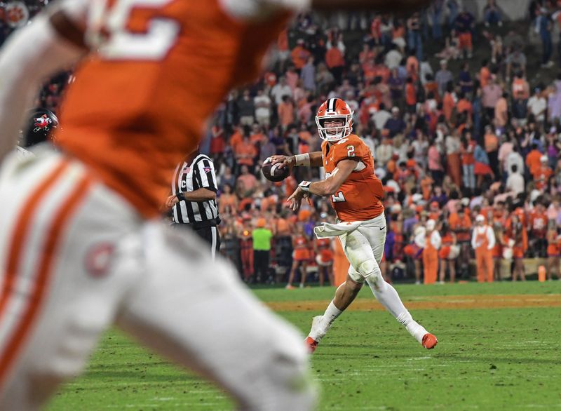 Nov 2, 2024; Clemson, South Carolina, USA; Clemson Tigers quarterback Cade Klubnik (2) throws against the Louisville Cardinals during the fourth quarter at Memorial Stadium. Mandatory Credit: Ken Ruinard-Imagn Images