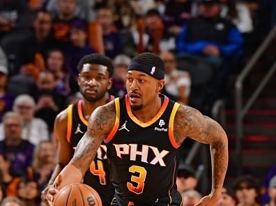 PHOENIX, AZ - JANUARY 1:  Bradley Beal #3 of the Phoenix Suns handles the ball during the game against the Portland Trail Blazers on January 1, 2024 at Footprint Center in Phoenix, Arizona. NOTE TO USER: User expressly acknowledges and agrees that, by downloading and or using this photograph, user is consenting to the terms and conditions of the Getty Images License Agreement. Mandatory Copyright Notice: Copyright 2023 NBAE (Photo by Barry Gossage/NBAE via Getty Images)