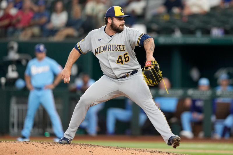 Aug 20, 2023; Arlington, Texas, USA; Milwaukee Brewers relief pitcher Bryse Wilson (46) delivers a pitch to the Texas Rangers during the eighth inning at Globe Life Field. Mandatory Credit: Jim Cowsert-USA TODAY Sports