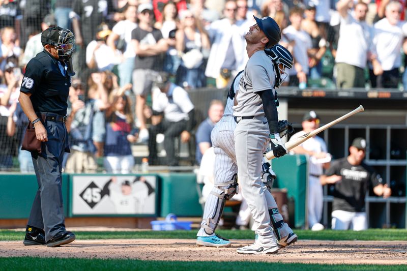 Aug 31, 2025; Chicago, Illinois, USA; New York Yankees outfielder Cody Bellinger (35) reacts after striking out against the Chicago White Sox during the ninth inning at Rate Field. Mandatory Credit: Kamil Krzaczynski-Imagn Images