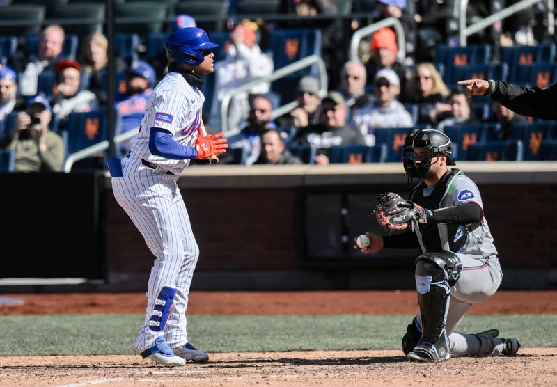Apr 9, 2025; New York City, New York, USA; New York Mets outfielder Juan Soto (22) reacts after striking out against the Miami Marlins during the ninth inning at Citi Field. Mandatory Credit: John Jones-Imagn Images