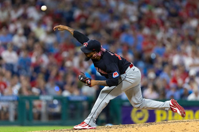Jul 26, 2024; Philadelphia, Pennsylvania, USA; Cleveland Guardians pitcher Emmanuel Clase (48) throws a pitch during the ninth inning against the Philadelphia Phillies at Citizens Bank Park. Mandatory Credit: Bill Streicher-USA TODAY Sports
