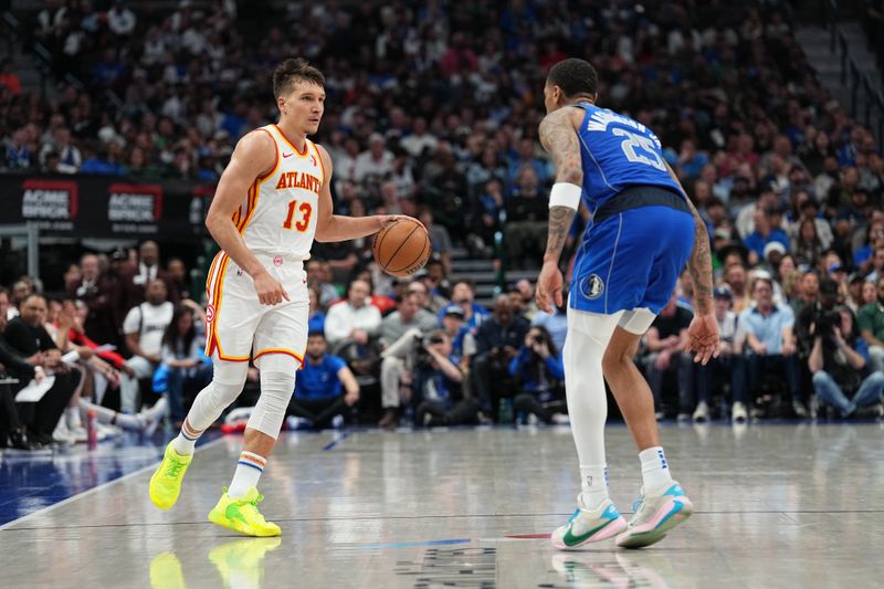 DALLAS, TX - APRIL 4: Bogdan Bogdanovic #13 of the Atlanta Hawks handles the ball during the game  on April 4, 2024 at the American Airlines Center in Dallas, Texas. NOTE TO USER: User expressly acknowledges and agrees that, by downloading and or using this photograph, User is consenting to the terms and conditions of the Getty Images License Agreement. Mandatory Copyright Notice: Copyright 2024 NBAE (Photo by Glenn James/NBAE via Getty Images)