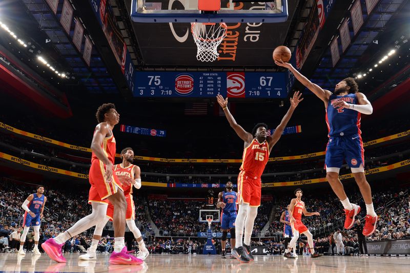 DETROIT, MI - NOVEMBER 8: Cade Cunningham #2 of the Detroit Pistons shoots the ball during the game against the Atlanta Hawks on November  8, 2024 at Little Caesars Arena in Detroit, Michigan. NOTE TO USER: User expressly acknowledges and agrees that, by downloading and/or using this photograph, User is consenting to the terms and conditions of the Getty Images License Agreement. Mandatory Copyright Notice: Copyright 2024 NBAE (Photo by Chris Schwegler/NBAE via Getty Images)