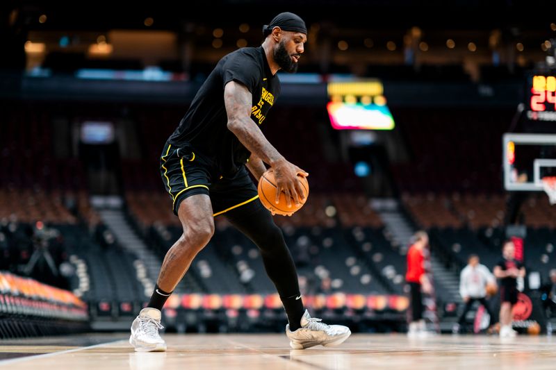 TORONTO, CANADA - APRIL 2: LeBron James #23 of the Los Angeles Lakers warms up before the game against the Toronto Raptors on April 2, 2024 at the Scotiabank Arena in Toronto, Ontario, Canada.  NOTE TO USER: User expressly acknowledges and agrees that, by downloading and or using this Photograph, user is consenting to the terms and conditions of the Getty Images License Agreement.  Mandatory Copyright Notice: Copyright 2024 NBAE (Photo by Mark Blinch/NBAE via Getty Images)