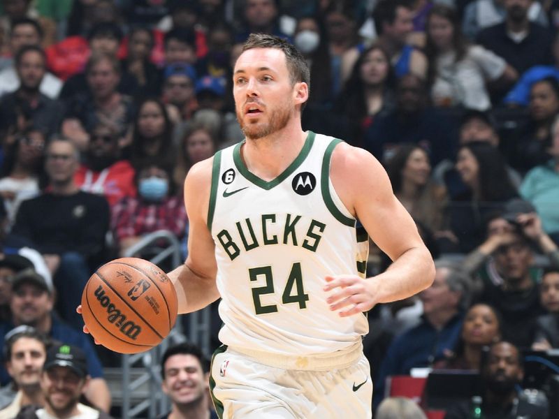 LOS ANGELES, CA - FEBRUARY 10: Pat Connaughton #24 of the Milwaukee Bucks dribbles the ball during the game against the LA Clippers on February 10, 2023 at Crypto.Com Arena in Los Angeles, California. NOTE TO USER: User expressly acknowledges and agrees that, by downloading and/or using this Photograph, user is consenting to the terms and conditions of the Getty Images License Agreement. Mandatory Copyright Notice: Copyright 2023 NBAE (Photo by Andrew D. Bernstein/NBAE via Getty Images)