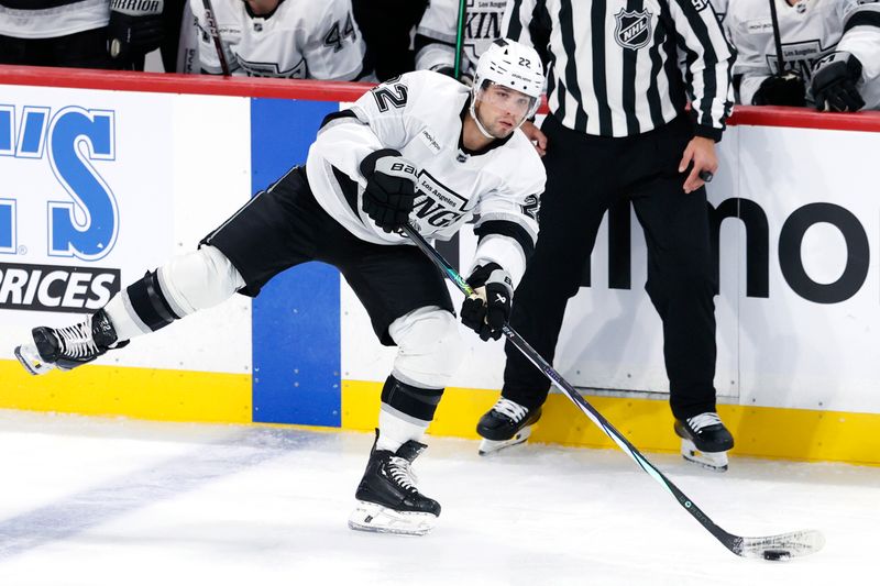 Oct 11, 2025; Winnipeg, Manitoba, CAN; Los Angeles Kings left wing Kevin Fiala (22) shoots the puck against the Winnipeg Jets in the third period at Canada Life Centre. Mandatory Credit: James Carey Lauder-Imagn Images