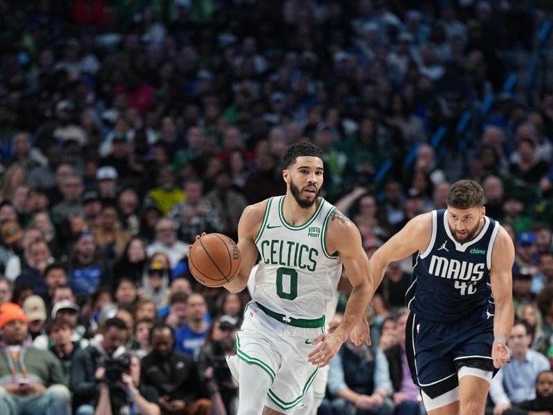 DALLAS, TX - JANUARY 22: Jayson Tatum #0 of the Boston Celtics brings the ball up court against the Dallas Mavericks on January 22, 2024 at the American Airlines Center in Dallas, Texas. NOTE TO USER: User expressly acknowledges and agrees that, by downloading and or using this photograph, User is consenting to the terms and conditions of the Getty Images License Agreement. Mandatory Copyright Notice: Copyright 2024 NBAE (Photo by Glenn James/NBAE via Getty Images)