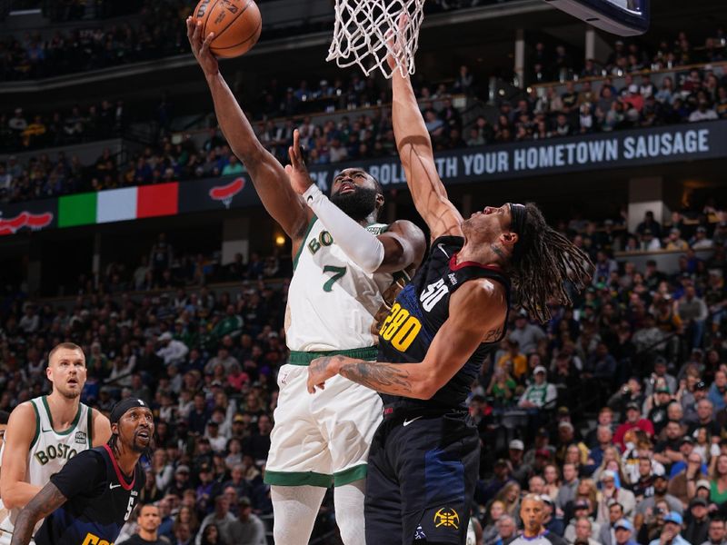 DENVER, CO - MARCH 7: Jaylen Brown #7 of the Boston Celtics drives to the basket during the game against the Denver Nuggets on March 7, 2024 at the Ball Arena in Denver, Colorado. NOTE TO USER: User expressly acknowledges and agrees that, by downloading and/or using this Photograph, user is consenting to the terms and conditions of the Getty Images License Agreement. Mandatory Copyright Notice: Copyright 2024 NBAE (Photo by Bart Young/NBAE via Getty Images)