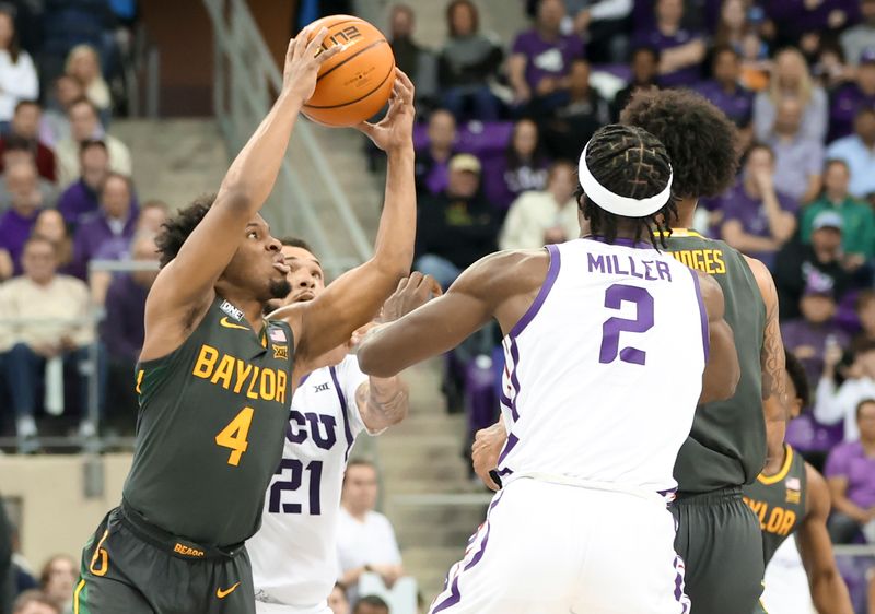 Feb 11, 2023; Fort Worth, Texas, USA;  Baylor Bears guard LJ Cryer (4) grabs the ball away from TCU Horned Frogs forward JaKobe Coles (21) and TCU Horned Frogs forward Emanuel Miller (2) during the second half at Ed and Rae Schollmaier Arena. Mandatory Credit: Kevin Jairaj-USA TODAY Sports