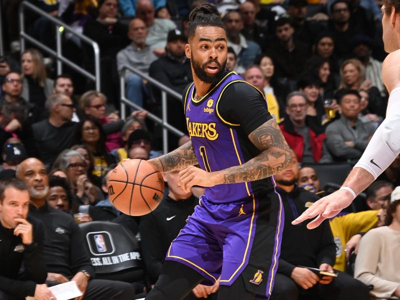 LOS ANGELES, CA - MARCH 8: D'Angelo Russell #1 of the Los Angeles Lakers dribbles the ball during the game against the Milwaukee Bucks on March 8, 2024 at Crypto.Com Arena in Los Angeles, California. NOTE TO USER: User expressly acknowledges and agrees that, by downloading and/or using this Photograph, user is consenting to the terms and conditions of the Getty Images License Agreement. Mandatory Copyright Notice: Copyright 2024 NBAE (Photo by Andrew D. Bernstein/NBAE via Getty Images)