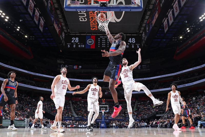 DETROIT, MI - MARCH 1: Jalen Duren #0 of the Detroit Pistons rebounds during the game against the Cleveland Cavaliers on March 1, 2024 at Little Caesars Arena in Detroit, Michigan. NOTE TO USER: User expressly acknowledges and agrees that, by downloading and/or using this photograph, User is consenting to the terms and conditions of the Getty Images License Agreement. Mandatory Copyright Notice: Copyright 2024 NBAE (Photo by Jeff Haynes/NBAE via Getty Images)