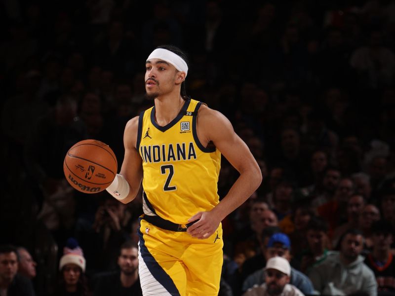 NEW YORK, NY - FEBRUARY 1: Andrew Nembhard #2 of the Indiana Pacers dribbles the ball during the game against the New York Knicks on February 1, 2024 at Madison Square Garden in New York City, New York.  NOTE TO USER: User expressly acknowledges and agrees that, by downloading and or using this photograph, User is consenting to the terms and conditions of the Getty Images License Agreement. Mandatory Copyright Notice: Copyright 2024 NBAE  (Photo by Nathaniel S. Butler/NBAE via Getty Images)