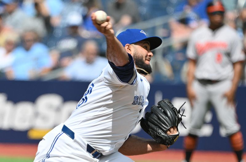 Jun 6, 2024; Toronto, Ontario, CAN;  Toronto Blue Jays relief pitcher Yimi Garcia (93) delivers a pitch against the Baltimore Orioles in the ninth inning at Rogers Centre. Mandatory Credit: Dan Hamilton-USA TODAY Sports