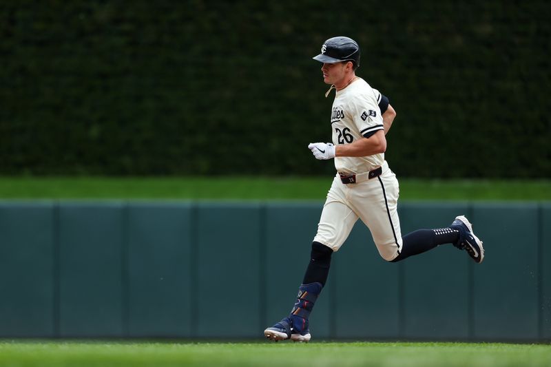 May 9, 2024; Minneapolis, Minnesota, USA; Minnesota Twins designated hitter Max Kepler (26) rounds the bases after hitting a solo home run against the Seattle Mariners during the seventh inning at Target Field. Mandatory Credit: Matt Krohn-USA TODAY Sports