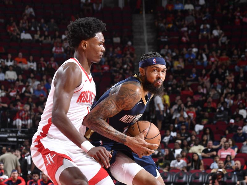 HOUSTON, TX - OCTOBER 15: Brandon Ingram #14 of the New Orleans Pelicans drives to the basket during the game against the Houston Rockets during a NBA preseason game on October 15, 2024 at the Toyota Center in Houston, Texas. NOTE TO USER: User expressly acknowledges and agrees that, by downloading and or using this photograph, User is consenting to the terms and conditions of the Getty Images License Agreement. Mandatory Copyright Notice: Copyright 2024 NBAE (Photo by Logan Riely/NBAE via Getty Images)