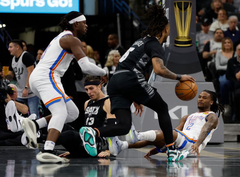 SAN ANTONIO, TX - NOVEMBER 19: Stephon Castle #5 of the San Antonio Spurs drives on Luguentz Dort #5 of the Oklahoma City Thunder in the first half during the Emirates NBA Cup game at Frost Bank Center on November 19, 2024 in San Antonio, Texas. NOTE TO USER: User expressly acknowledges and agrees that, by downloading and or using this photograph, User is consenting to terms and conditions of the Getty Images License Agreement. (Photo by Ronald Cortes/Getty Images)