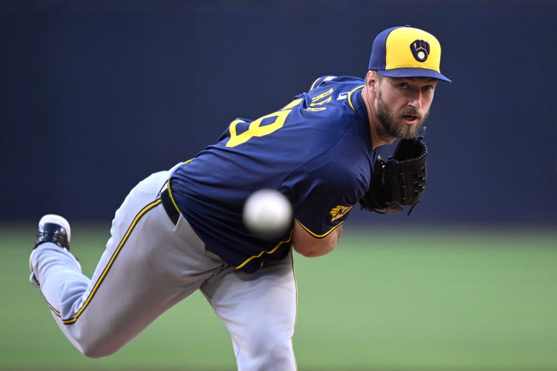 Jun 21, 2024; San Diego, California, USA; Milwaukee Brewers starting pitcher Colin Rea (48) pitches against the San Diego Padres during the first inning at Petco Park. Mandatory Credit: Orlando Ramirez-USA TODAY Sports