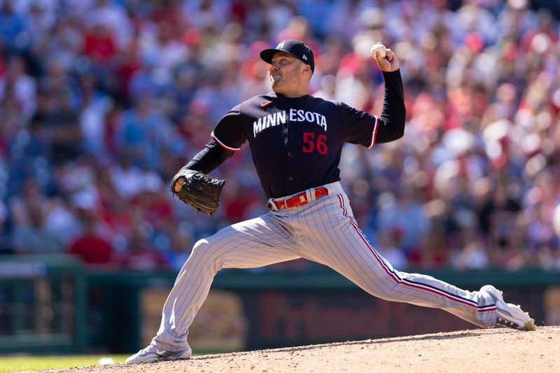 Aug 13, 2023; Philadelphia, Pennsylvania, USA; Minnesota Twins relief pitcher Caleb Thielbar (56) throws a pitch during the seventh inning against the Philadelphia Phillies at Citizens Bank Park. Mandatory Credit: Bill Streicher-USA TODAY Sports