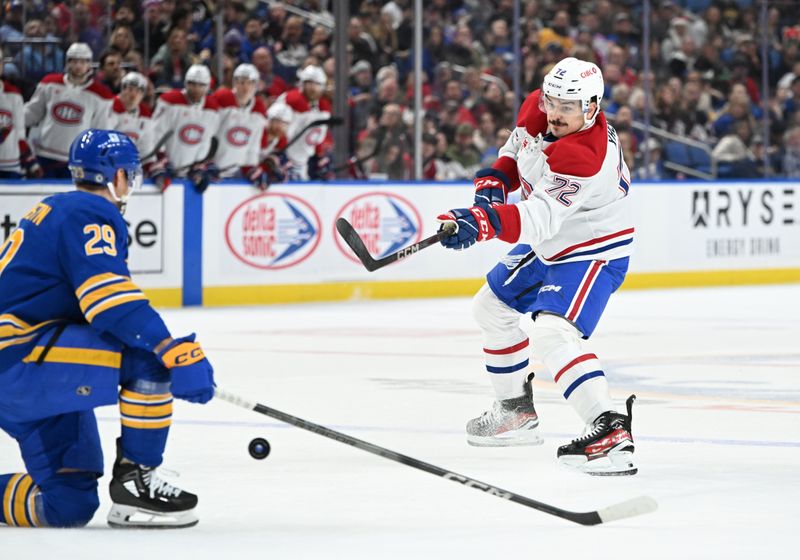 Nov 11, 2024; Buffalo, New York, USA; Montreal Canadiens defenseman Arber Xhekaj (72) has a shot blocked by Buffalo Sabres left wing Beck Malenstyn (29) in the first period at KeyBank Center. Mandatory Credit: Mark Konezny-Imagn Images