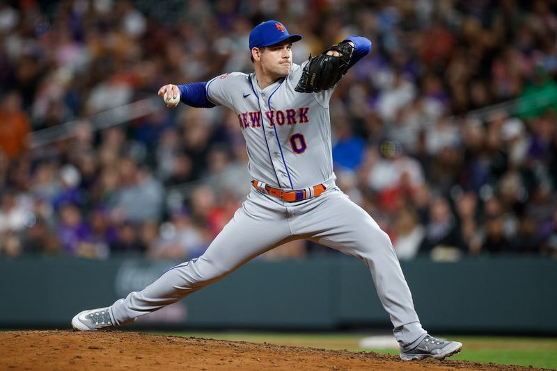 May 26, 2023; Denver, Colorado, USA; New York Mets relief pitcher Adam Ottavino (0) pitches in the ninth inning against the Colorado Rockies at Coors Field. Mandatory Credit: Isaiah J. Downing-USA TODAY Sports