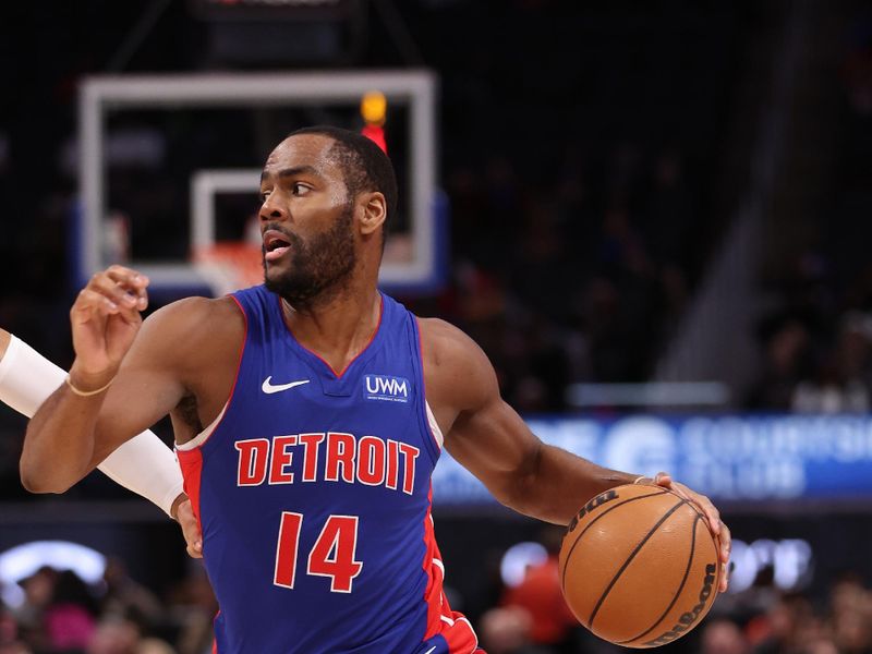 DETROIT, MICHIGAN - NOVEMBER 27: Alec Burks #14 of the Detroit Pistons plays against the Washington Wizards at Little Caesars Arena on November 27, 2023 in Detroit, Michigan. NOTE TO USER: User expressly acknowledges and agrees that, by downloading and or using this photograph, User is consenting to the terms and conditions of the Getty Images License Agreement. (Photo by Gregory Shamus/Getty Images)