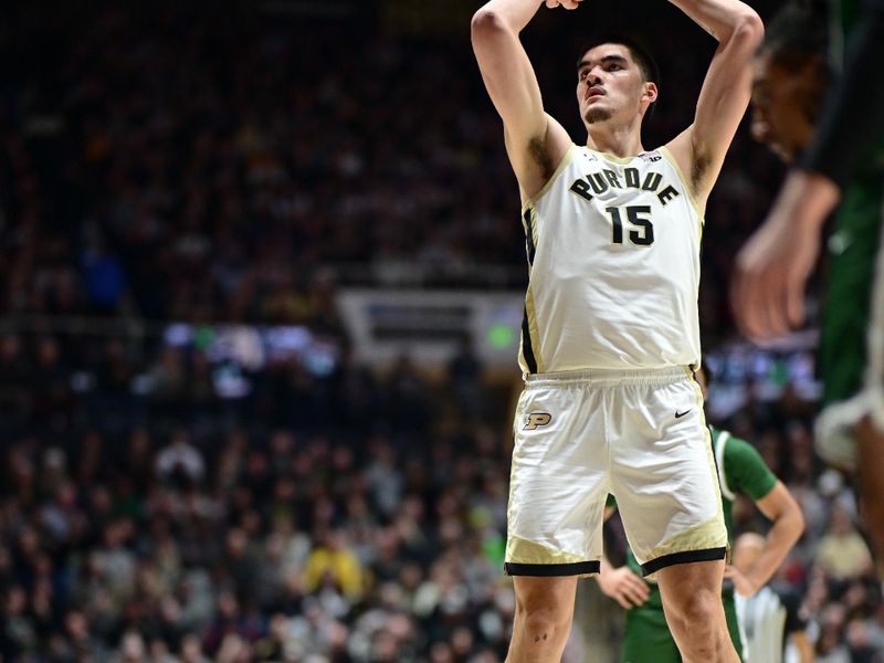 Dec 21, 2023; West Lafayette, Indiana, USA; Purdue Boilermakers center Zach Edey (15) shoots a free throw during the second half against the Jacksonville Dolphins at Mackey Arena. Mandatory Credit: Marc Lebryk-USA TODAY Sports