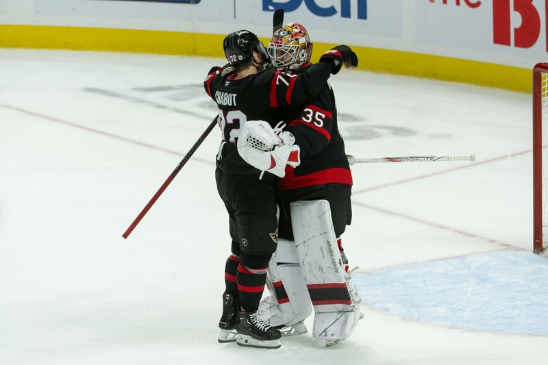 Oct 29, 2024; Ottawa, Ontario, CAN; Ottawa Senators defenseman Thomas Chabot (72) celebrates with goalie Linus Ullmark (35) their win against the St. Louis Blues at the Canadian Tire Centre. Mandatory Credit: Marc DesRosiers-Imagn Images