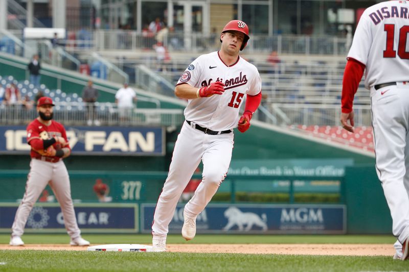 Jun 22, 2023; Washington, District of Columbia, USA; Washington Nationals catcher Riley Adams (15) rounds the bases after hitting a two-run home run in the ninth inning against the Arizona Diamondbacks at Nationals Park. Mandatory Credit: Amber Searls-USA TODAY Sports