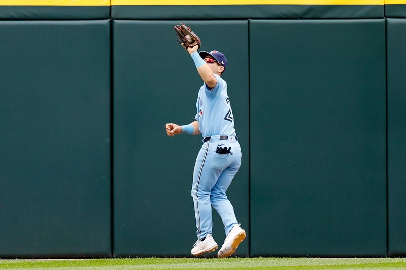 May 27, 2024; Chicago, Illinois, USA; Toronto Blue Jays outfielder Daulton Varsho (25) catches a fly ball hit by Chicago White Sox catcher Martín Maldonado during the fifth inning at Guaranteed Rate Field. Mandatory Credit: Kamil Krzaczynski-USA TODAY Sports