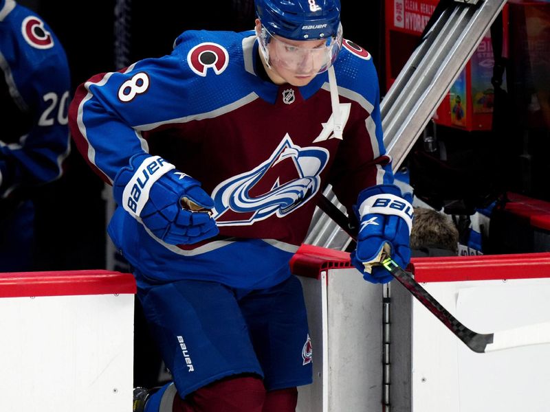 Mar 26, 2024; Denver, Colorado, USA; Colorado Avalanche defenseman Cale Makar (8) before the game against the Montreal Canadiens at Ball Arena. Mandatory Credit: Ron Chenoy-USA TODAY Sports