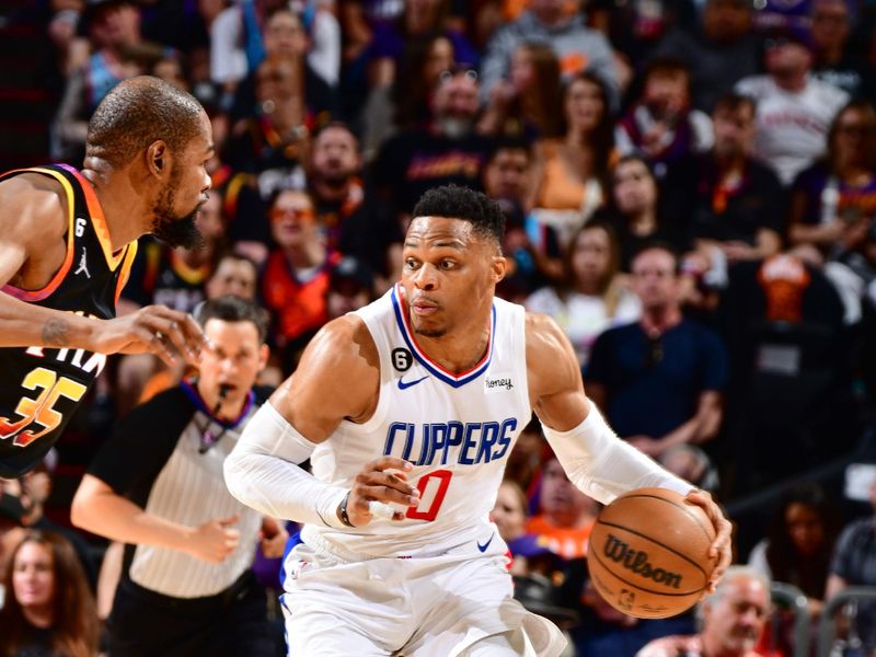 PHOENIX, AZ - APRIL 16:  Russell Westbrook #0 of the LA Clippers goes to the basket during the game During round one game one of the 2023 NBA Playoffs on April 16, 2023 at Footprint Center in Phoenix, Arizona. NOTE TO USER: User expressly acknowledges and agrees that, by downloading and or using this photograph, user is consenting to the terms and conditions of the Getty Images License Agreement. Mandatory Copyright Notice: Copyright 2023 NBAE (Photo by Barry Gossage/NBAE via Getty Images)