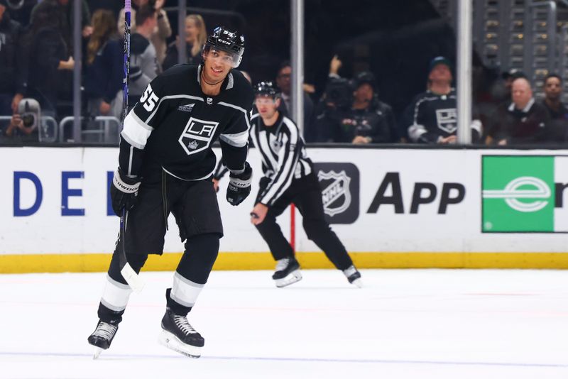 Dec 23, 2023; Los Angeles, California, USA; Los Angeles Kings right wing Quinton Byfield (55) reacts after scoring a goal against the Calgary Flames during the third period of a game at Crypto.com Arena. Mandatory Credit: Jessica Alcheh-USA TODAY Sports