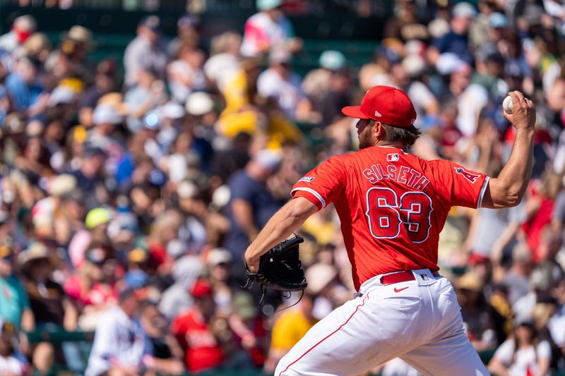 Mar 10, 2024; Tempe, Arizona, USA; Los Angeles Angels pitcher Chase Silseth (63) on the mound in the second during a spring training game against the San Diego Padres at Tempe Diablo Stadium. Mandatory Credit: Allan Henry-USA TODAY Sports