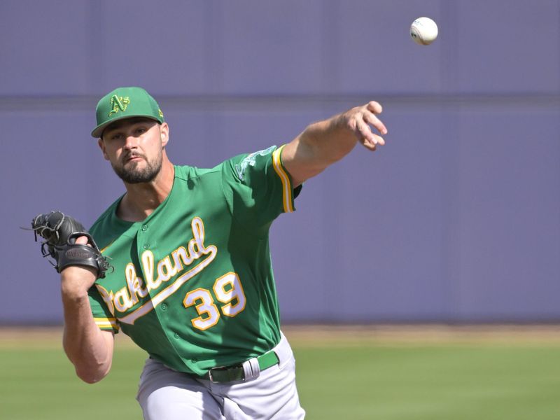 Feb 26, 2023; Phoenix, Arizona, USA;  Oakland Athletics starting pitcher Kyle Muller (39) throws to the plate in the first inning of a spring training game against the Milwaukee Brewers at American Family Fields of Phoenix. Mandatory Credit: Jayne Kamin-Oncea-USA TODAY Sports